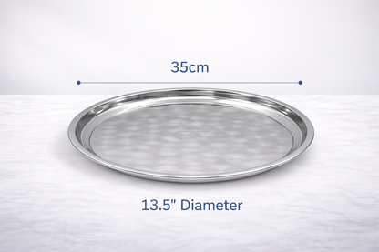 Stainless Steel Round Serving Tray – Choose 30cm 35cm 40cm or 45cm Mirror Polished Raised Rim Hammered Base Dishwasher Safe