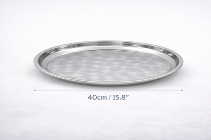 Stainless Steel Round Serving Tray – Choose 30cm 35cm 40cm or 45cm Mirror Polished Raised Rim Hammered Base Dishwasher Safe