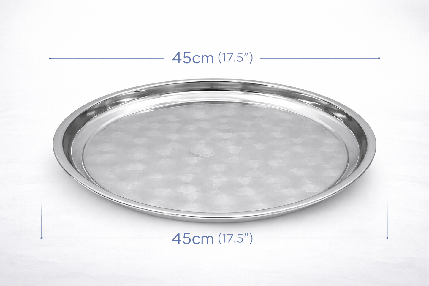 Stainless Steel Round Serving Tray – Choose 30cm 35cm 40cm or 45cm Mirror Polished Raised Rim Hammered Base Dishwasher Safe