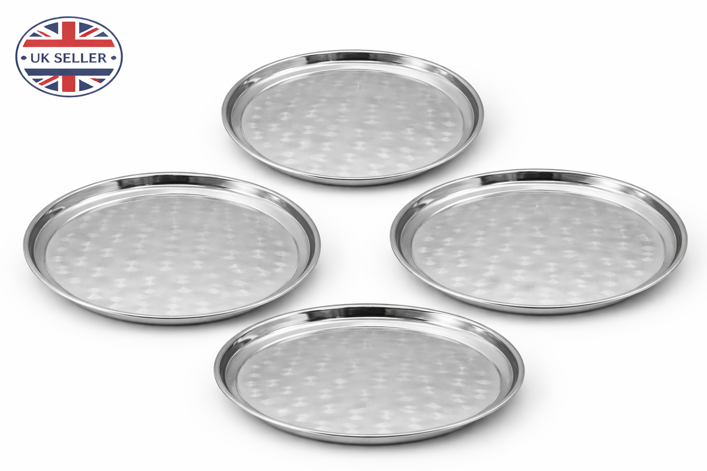 Stainless Steel Round Serving Tray – Choose 30cm 35cm 40cm or 45cm Mirror Polished Raised Rim Hammered Base Dishwasher Safe