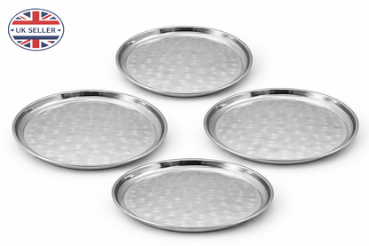 Stainless Steel Round Serving Tray – Choose 30cm 35cm 40cm or 45cm Mirror Polished Raised Rim Hammered Base Dishwasher Safe