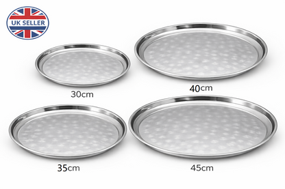 Stainless Steel Round Serving Tray – Choose 30cm 35cm 40cm or 45cm Mirror Polished Raised Rim Hammered Base Dishwasher Safe