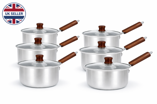 3 Piece Aluminium Saucepan Set with Lids & Wooden Handles – 6 Piece Cookware Set for Gas, Electric & Ceramic Hobs
