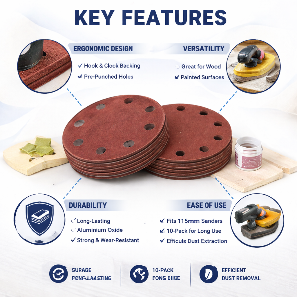 10-Piece 115mm Circular Sanding Disc Set — Hook & Loop Fastening | 8 Pre-Punched Holes | Available in P80 & P240 Grit for Wood & Painted Surfaces