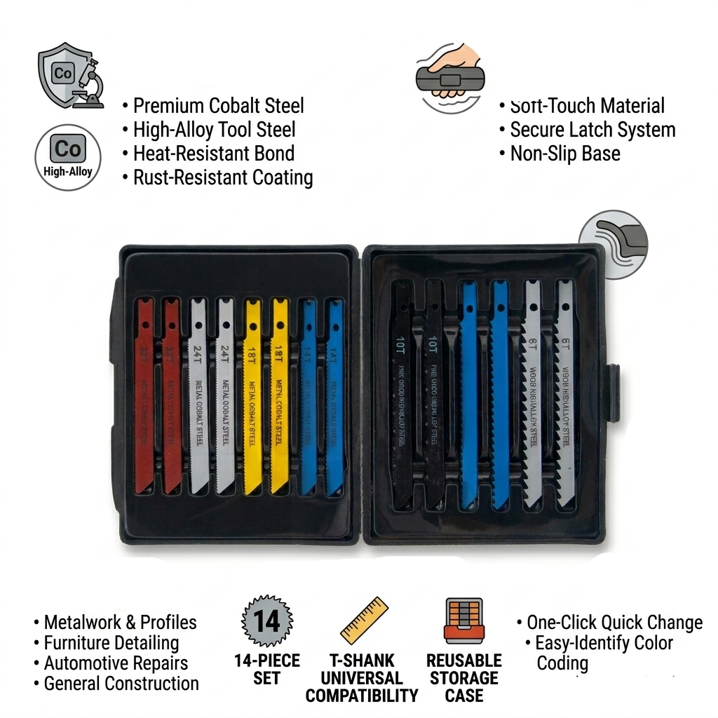 14PC Jigsaw Blade Set – Metal Cobalt Steel & Wood High Alloy Steel Blades | Multi-Purpose Jigsaw Blades for Wood & Metal Cutting