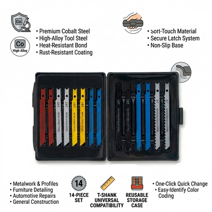 14PC Jigsaw Blade Set – Metal Cobalt Steel & Wood High Alloy Steel Blades | Multi-Purpose Jigsaw Blades for Wood & Metal Cutting