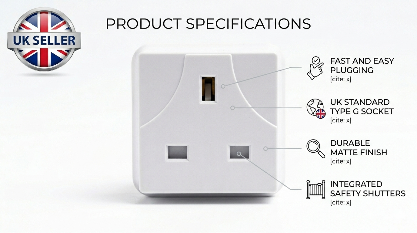 2 Way Mains Plug Adaptor – UK 3 Pin BS EN 1363-3 Compliant White Wall Socket Adaptor Dual Output for Home Office Use