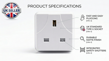 2 Way Mains Plug Adaptor – UK 3 Pin BS EN 1363-3 Compliant White Wall Socket Adaptor Dual Output for Home Office Use