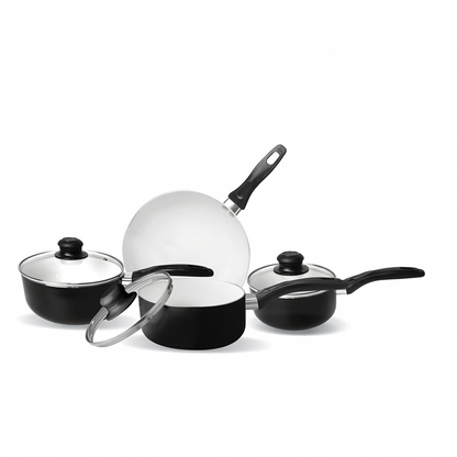 7 Piece Aluminium Cookware Set with Glass Lids – White Ceramic Non-Stick Interior, Induction Base, 16CM 18CM 20CM Saucepans & 20CM Frying Pan – Black, 2.5MM Thick, Spiral Bottom