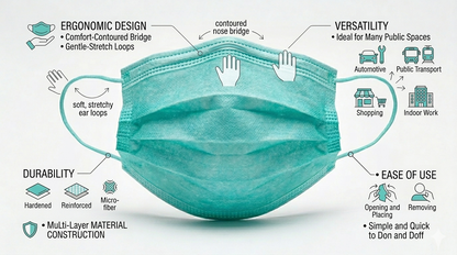50 Disposable 3-Ply Face Masks – Non-Medical Respirators, Triple Folded, Adjustable Nose Clip, Teal