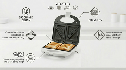 750W Sandwich Maker | Non-Stick Plates | Dual Indicator Lights | Lid Clamp | White or Black