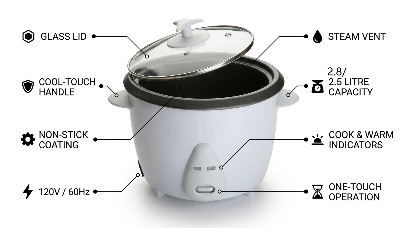 Automatic Rice Cooker | Keep Warm | Non-Stick Bowl | Glass Lid | Cup & Spatula | 2.5L or 2.8L