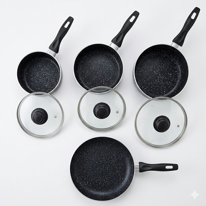 Non-Stick Marble Cookware Set – 7 Piece Complete Kitchen Set | Saucepans 16cm, 18cm, 20cm & 24cm Frying Pan | Gas, Electric & Induction Compatible