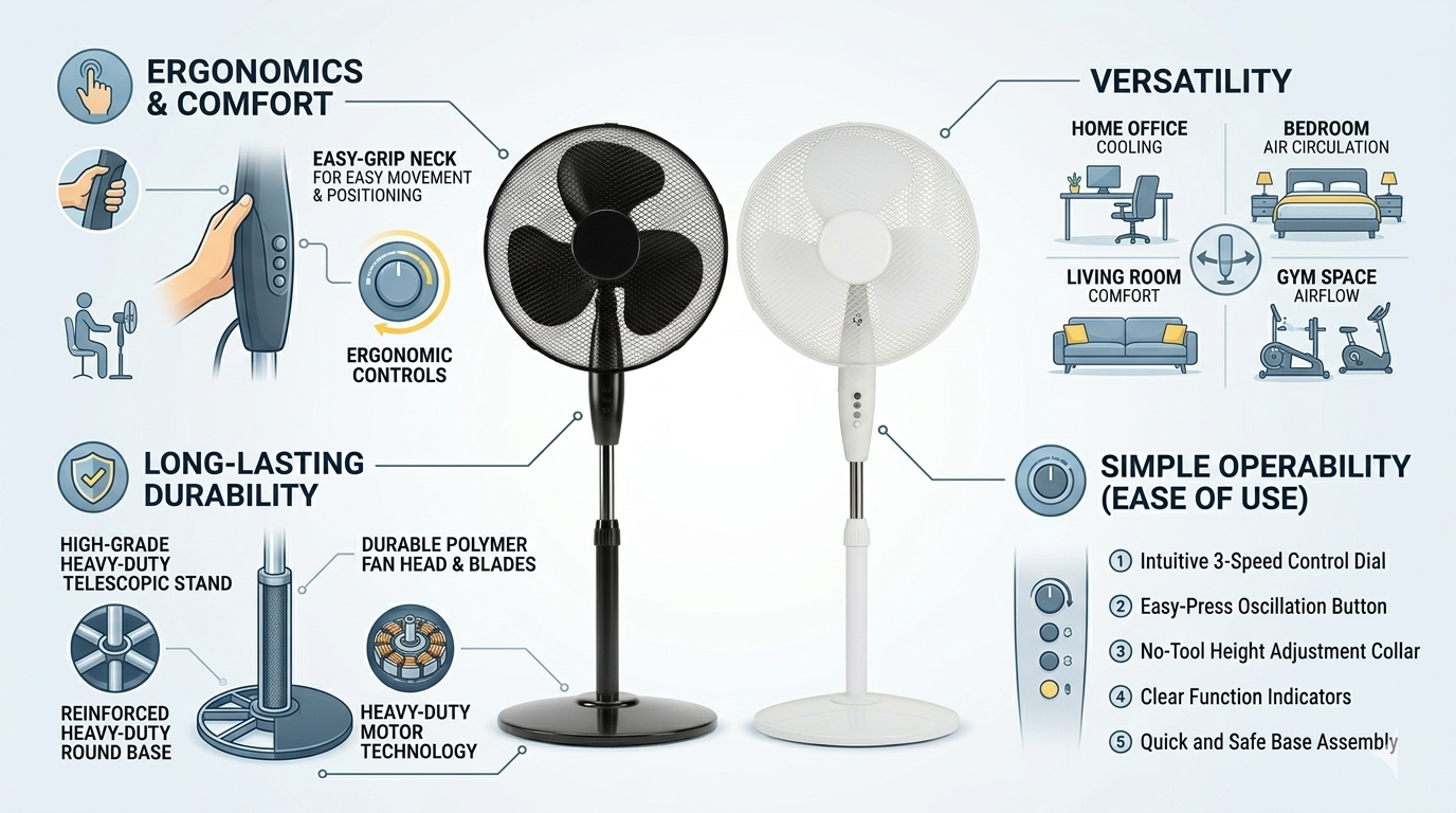 16 Inch Oscillating Stand Fan with Round Base | 3 Speed Silent Pedestal Fan | White & Black | 40cm UK Plug