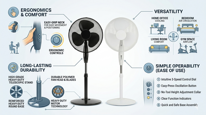 16 Inch Oscillating Stand Fan with Round Base | 3 Speed Silent Pedestal Fan | White & Black | 40cm UK Plug