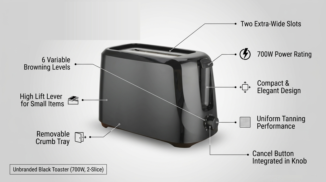 700W 2 Slice Toaster with 6 Browning Settings and Removable Crumb Tray – Compact Design – White or Black