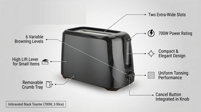 700W 2 Slice Toaster with 6 Browning Settings and Removable Crumb Tray – Compact Design – White or Black