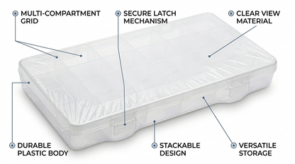 Clear Plastic Organiser Box with Removable Dividers – Adjustable Compartments, Snap Lid, Two Sizes
