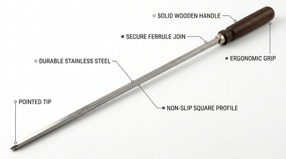 BBQ Skewers Wooden Handle | Flat Stainless Blade | Anti-Spin | Reusable | 5mm or 8mm Width