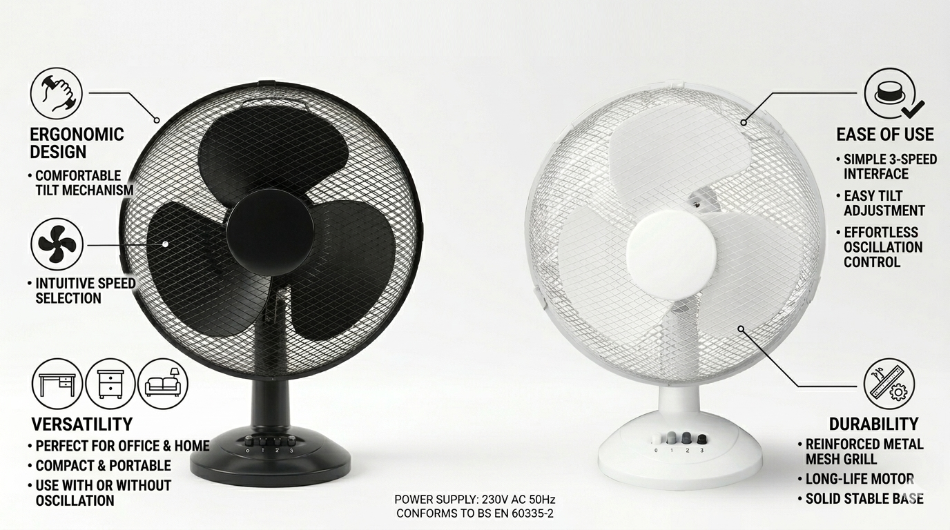 12 Inch Oscillating Desk Fan | 3 Speed Settings | Silent Motor | Mesh Grill | Black or White