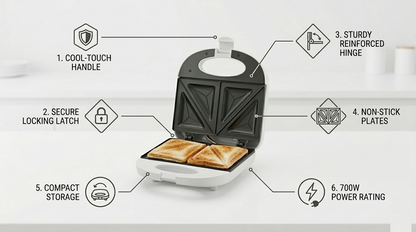 750W Sandwich Maker | Non-Stick Plates | Dual Indicator Lights | Lid Clamp | White or Black