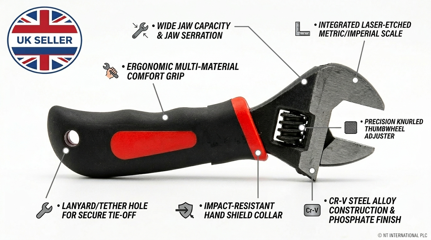 6/8 Inch Stubby Adjustable Wrench – 150mm, Soft Grip Handle, Serrated Jaws, Compact Short Body