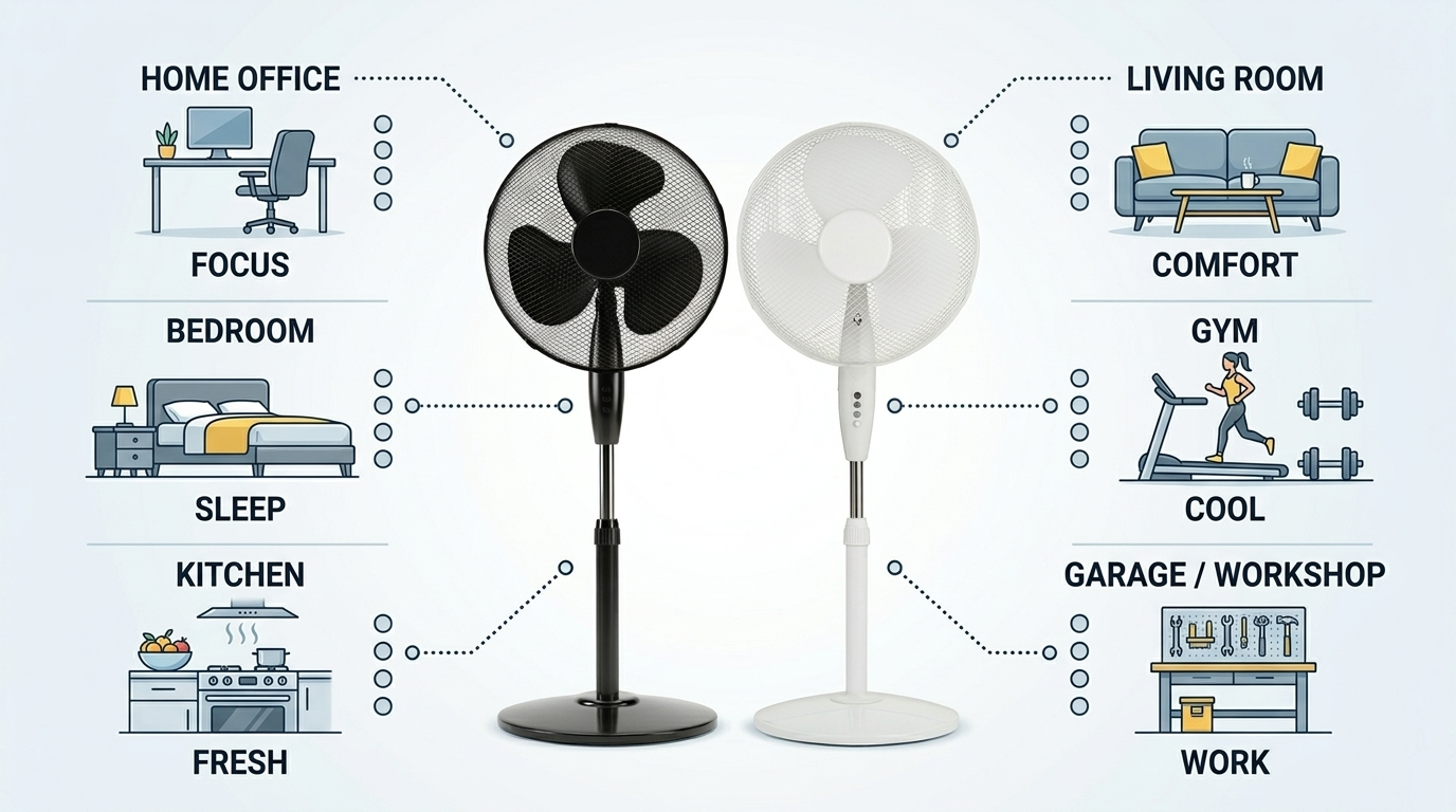 16 Inch Oscillating Stand Fan with Round Base | 3 Speed Silent Pedestal Fan | White & Black | 40cm UK Plug