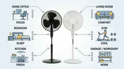 16 Inch Oscillating Stand Fan with Round Base | 3 Speed Silent Pedestal Fan | White & Black | 40cm UK Plug