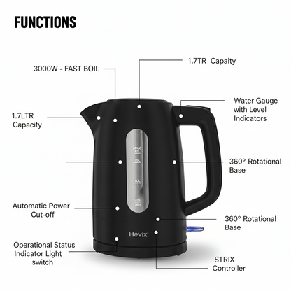 1.7L Cordless Black Kettle 3000W Fast Boiling Kettle
