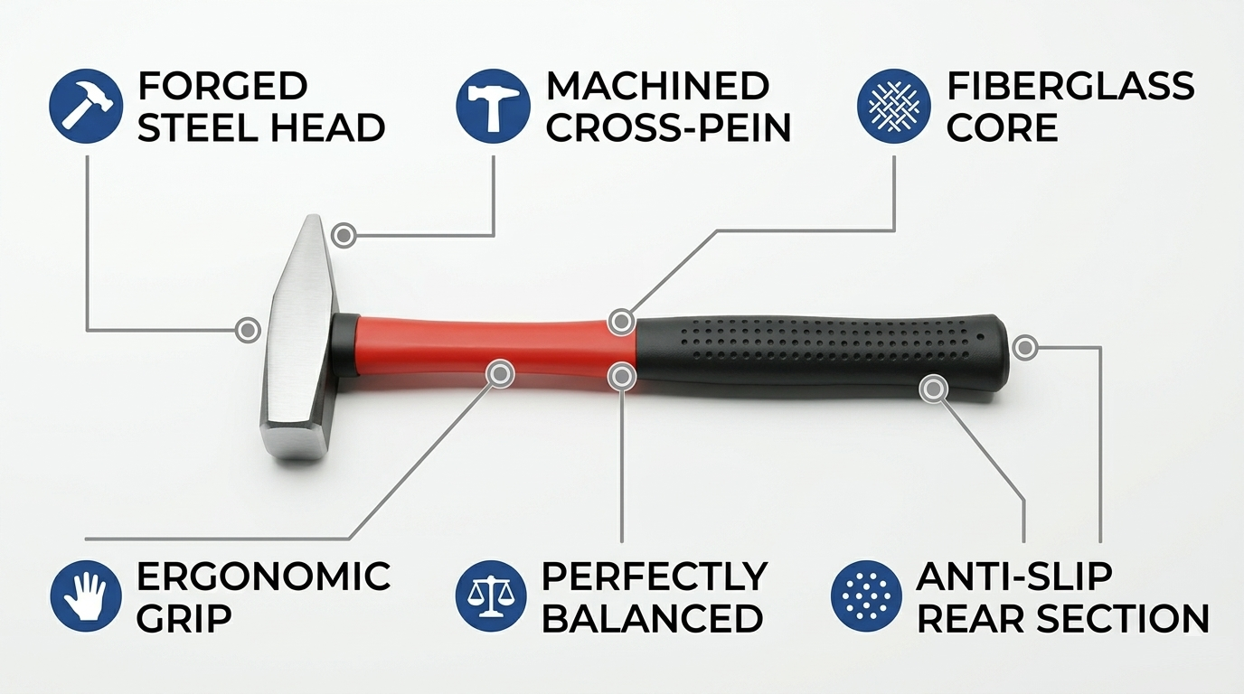 300g Machinist Hammer Fiberglass Handle | Cross Peen | Forged Steel | Workshop & Trade Use