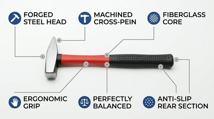 300g Machinist Hammer Fiberglass Handle | Cross Peen | Forged Steel | Workshop & Trade Use