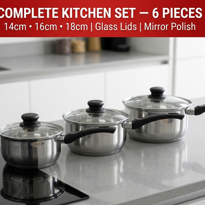 Complete Stainless Steel Saucepan Set – 6 Piece Kitchen Cookware with Glass Lids | 14cm, 16cm & 18cm | Mirror Polish Finish