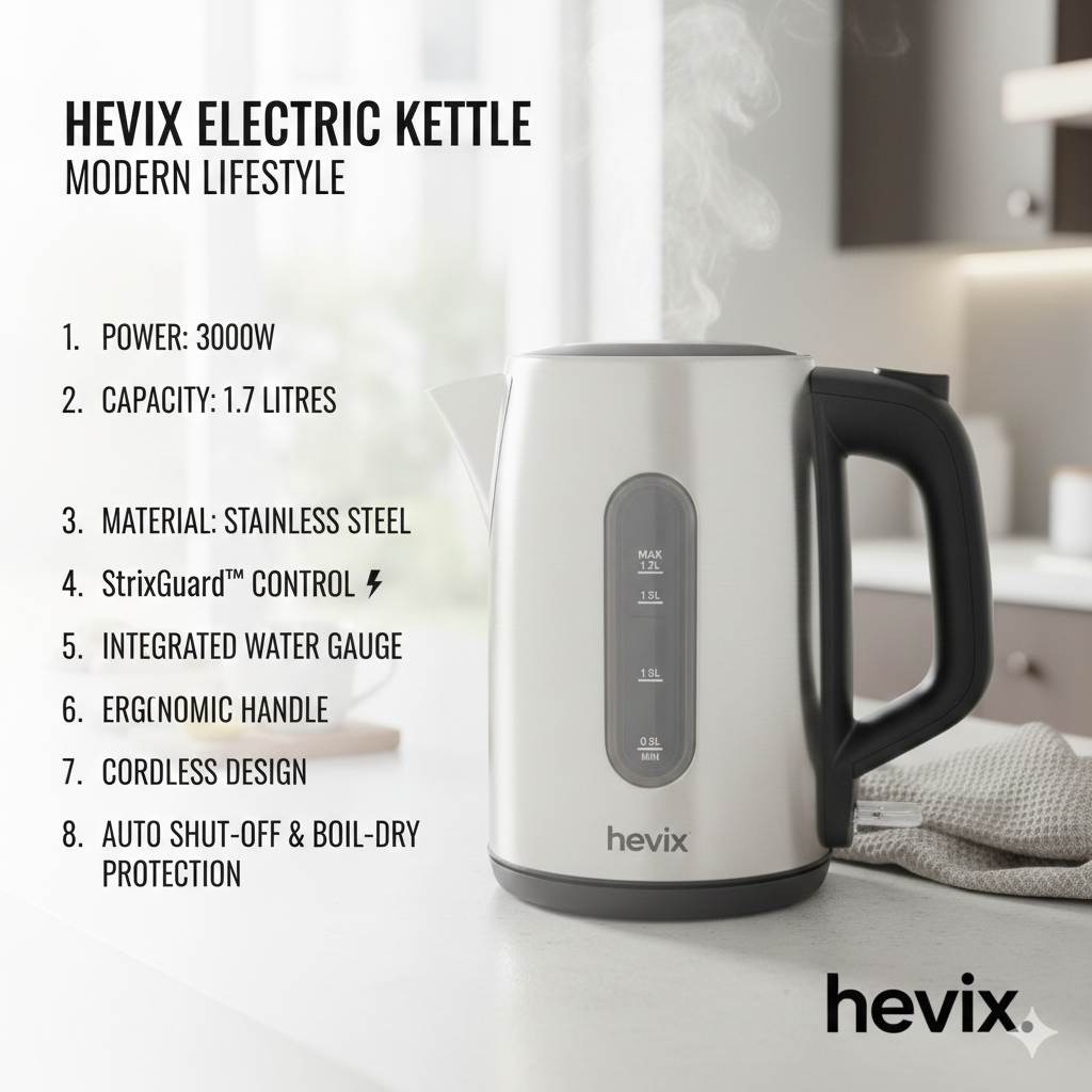 1.7L Stainless Steel Kettle 3000W Brushed Finish Fast Boiling