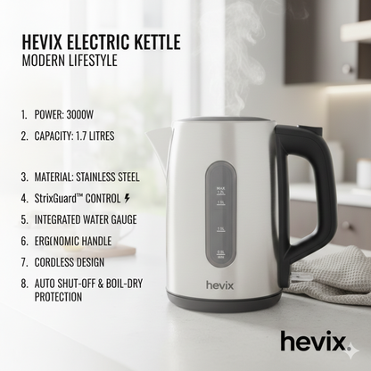 1.7L Stainless Steel Kettle 3000W Brushed Finish Fast Boiling
