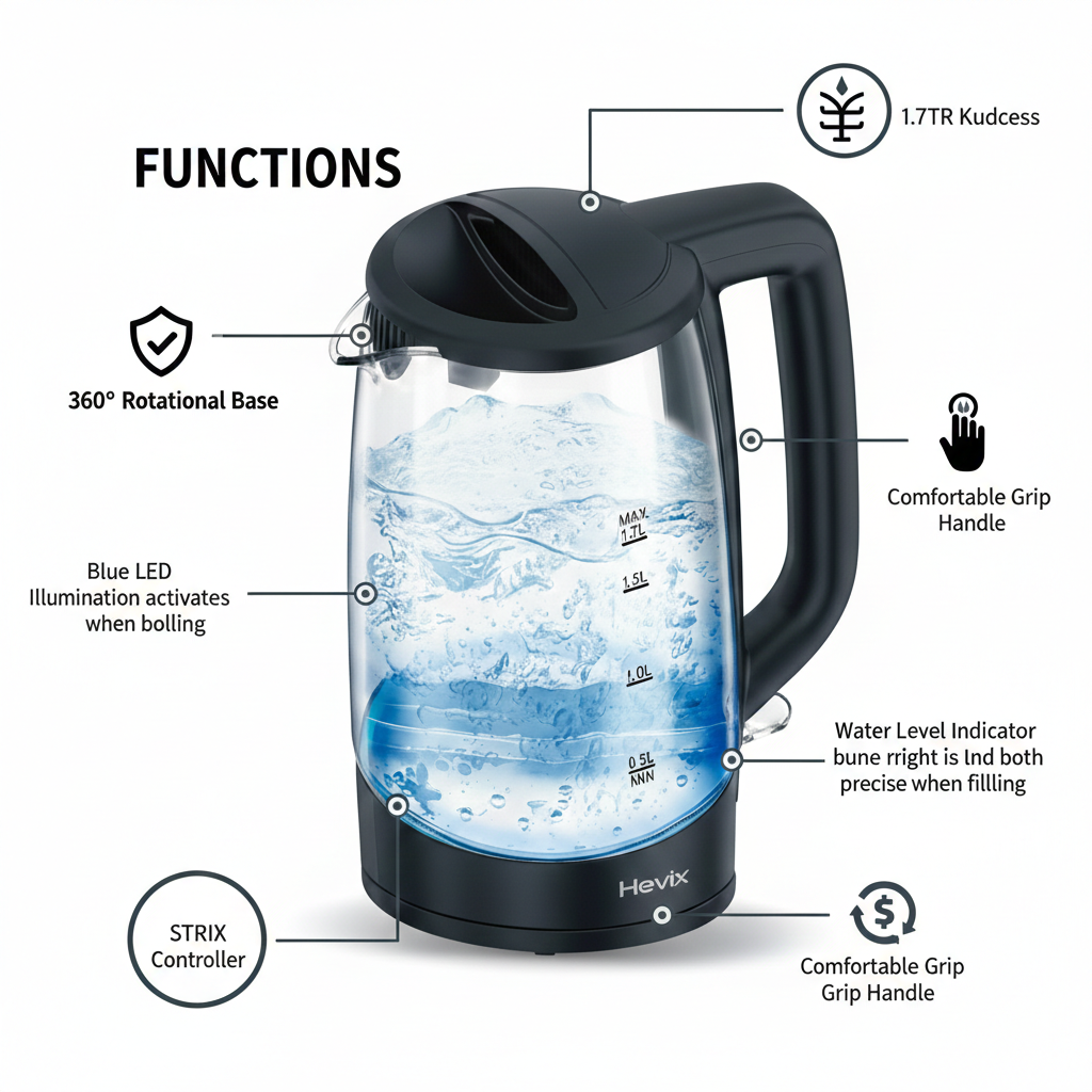 1.7L Cordless Glass Kettle 2200W Fast Boiling Kettle