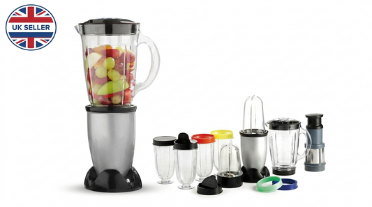 17 Piece Multi Blender Set – Chops, Blends, Grinds, Juices – Large Jug, Personal Cups, Grinding Attachment Included