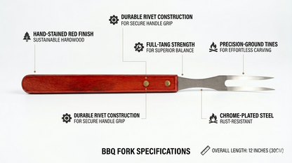 BBQ Fork Stainless Steel with Wooden Handle — 2-Prong Barbecue Meat Fork