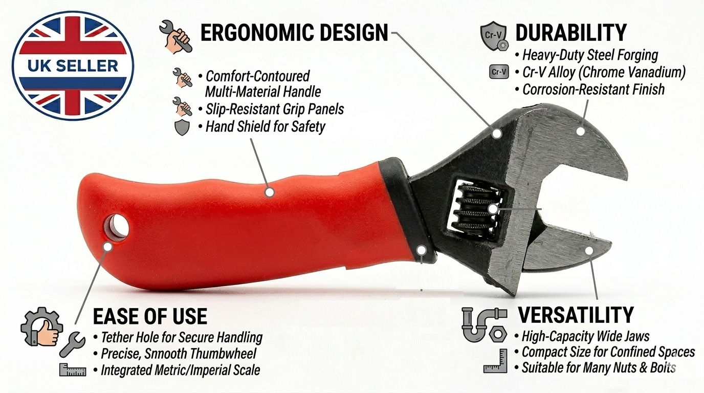 6/8 Inch Stubby Adjustable Wrench – 150mm, Soft Grip Handle, Serrated Jaws, Compact Short Body