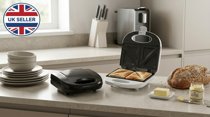 750W Sandwich Maker | Non-Stick Plates | Dual Indicator Lights | Lid Clamp | White or Black