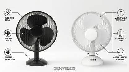 12 Inch Oscillating Desk Fan | 3 Speed Settings | Silent Motor | Mesh Grill | Black or White