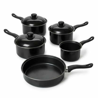 8 Piece Non-Stick Carbon Steel Cookware Set – Saucepans, Frying Pan & Milk Pan | All Hob Compatible | Complete Kitchen Pan Set in Matte Black