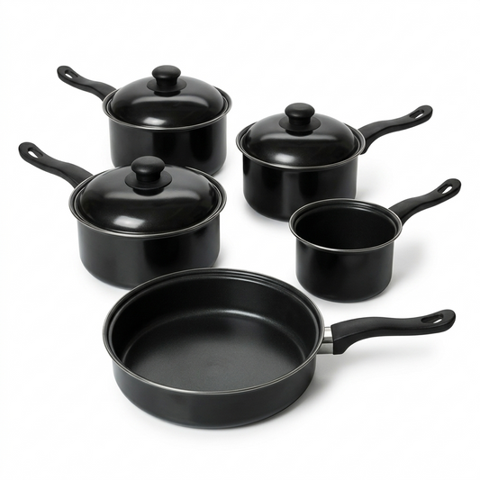 8 Piece Non-Stick Carbon Steel Cookware Set – Saucepans, Frying Pan & Milk Pan | All Hob Compatible | Complete Kitchen Pan Set in Matte Black