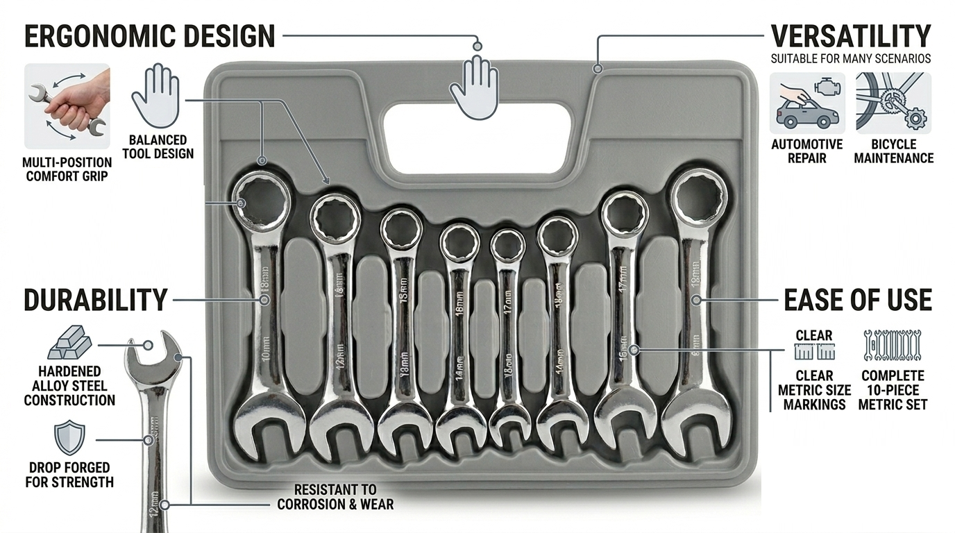 10 Piece Stubby Combination Spanner Set – 10 to 19mm, Drop Forged Carbon Steel, Fully Polished Chrome