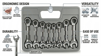 10 Piece Stubby Combination Spanner Set – 10 to 19mm, Drop Forged Carbon Steel, Fully Polished Chrome