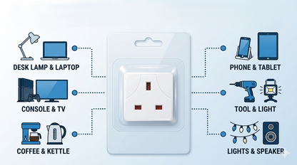 2 Way Mains Plug Adaptor – UK 3 Pin BS EN 1363-3 Compliant White Wall Socket Adaptor Dual Output for Home Office Use