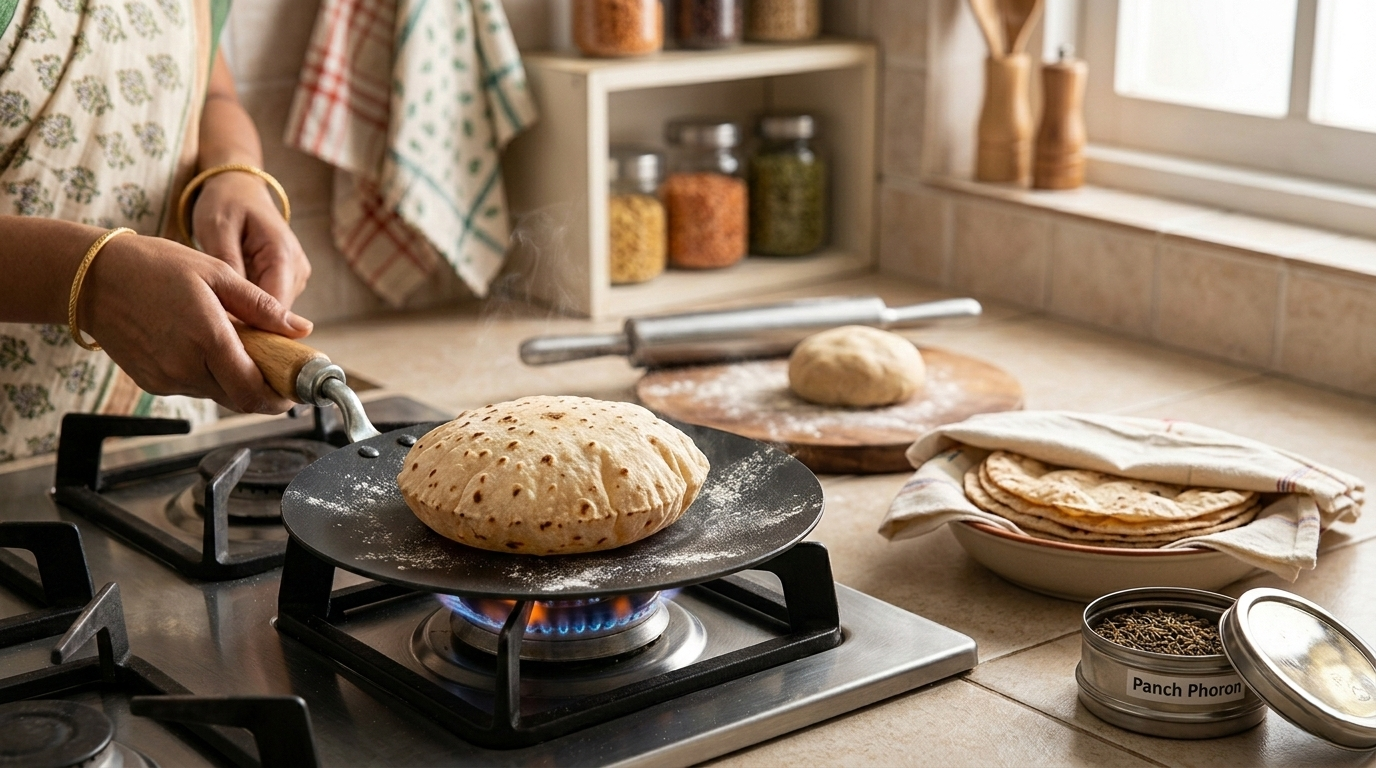 10 inch Non-Stick Iron Tawa Griddle Pan with Wooden Handle – Flat Round Chapati & Roti Tawa for Gas & Open Flame Cooking