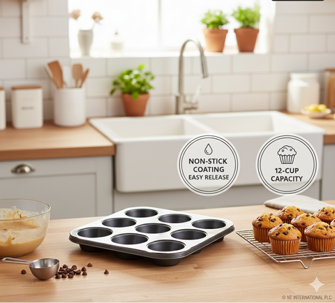 12-Cup Non-Stick Muffin & Cupcake Baking Tray (35cm x 26cm)