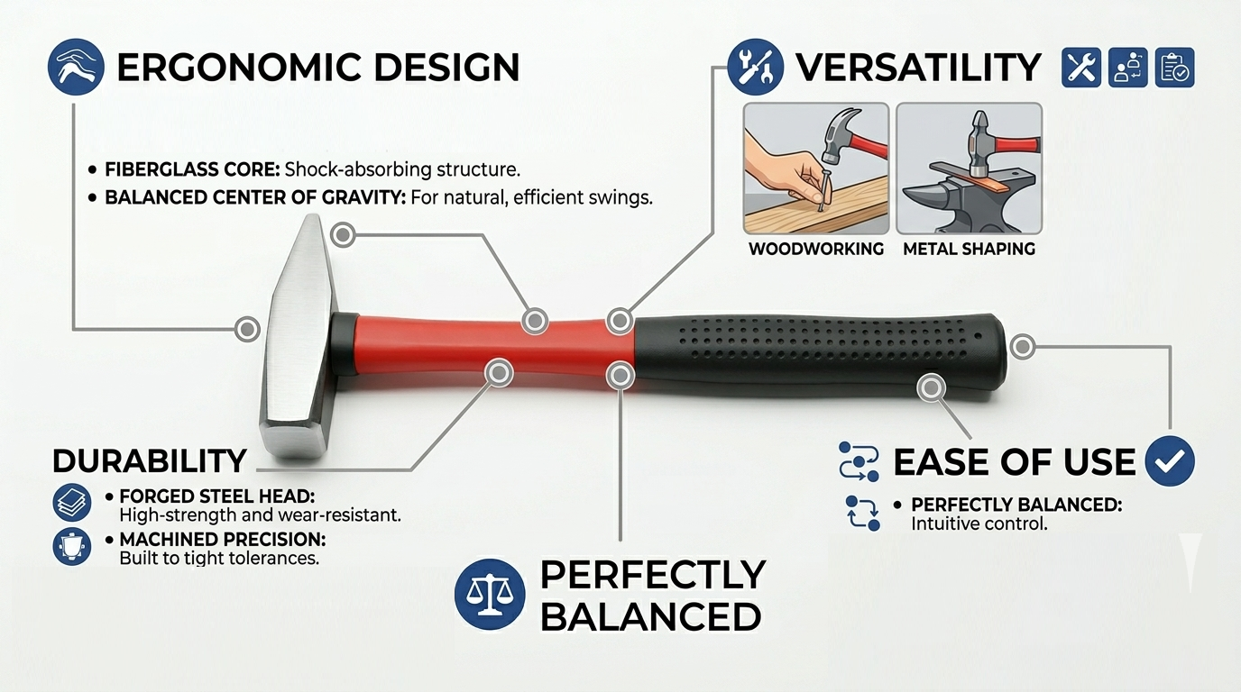 300g Machinist Hammer Fiberglass Handle | Cross Peen | Forged Steel | Workshop & Trade Use