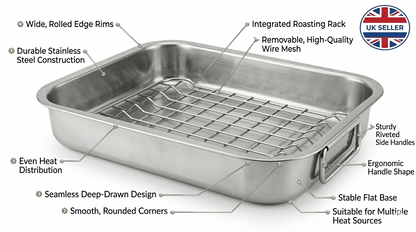 Stainless Steel Roasting Tray with Rack | Oven Safe | Easy Clean | 27x21 32x24 or 42x32cm