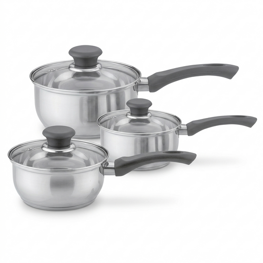 6 Piece Stainless Steel Saucepan Set – Mirror Polished with Glass Lids | Induction Ready | 3 Graduating Sizes | Premium Kitchen Cookware
